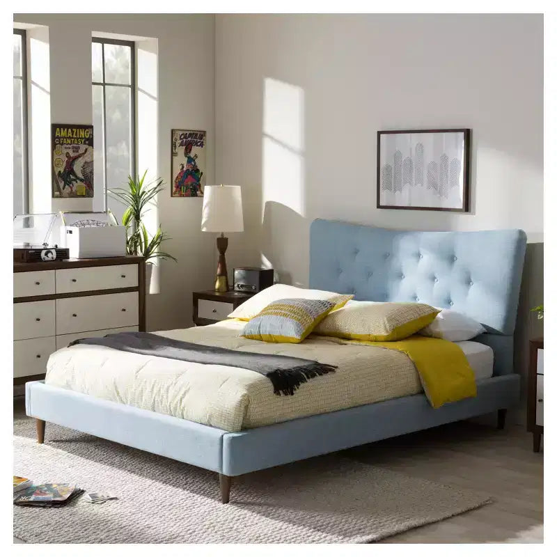 Hannah Mid - Century Modern Fabric Platform Bed - Queen - Baxton Studio
