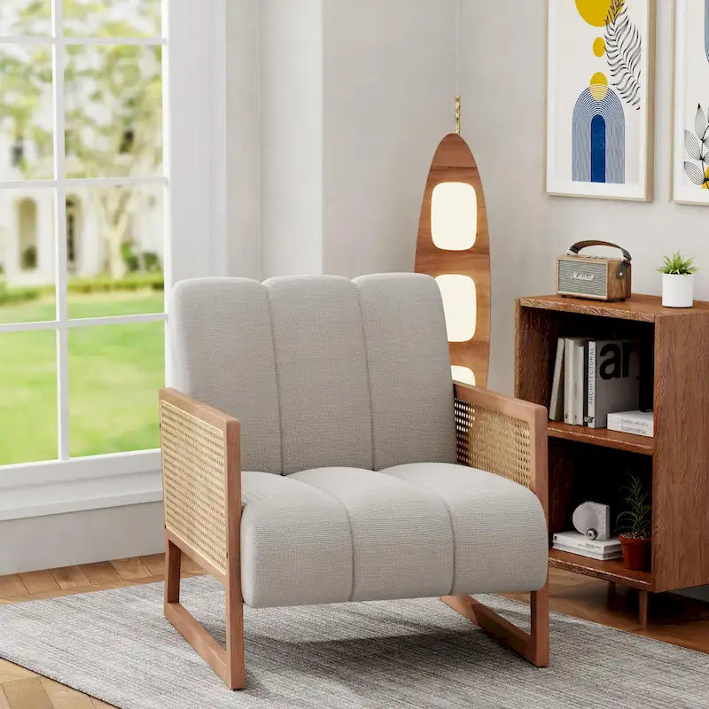 Rattan Accent Chairs, Upholstered Natural Rattan Chair Mid Century Modern Linen Armchair Side Chairs for Living Room Bedroom