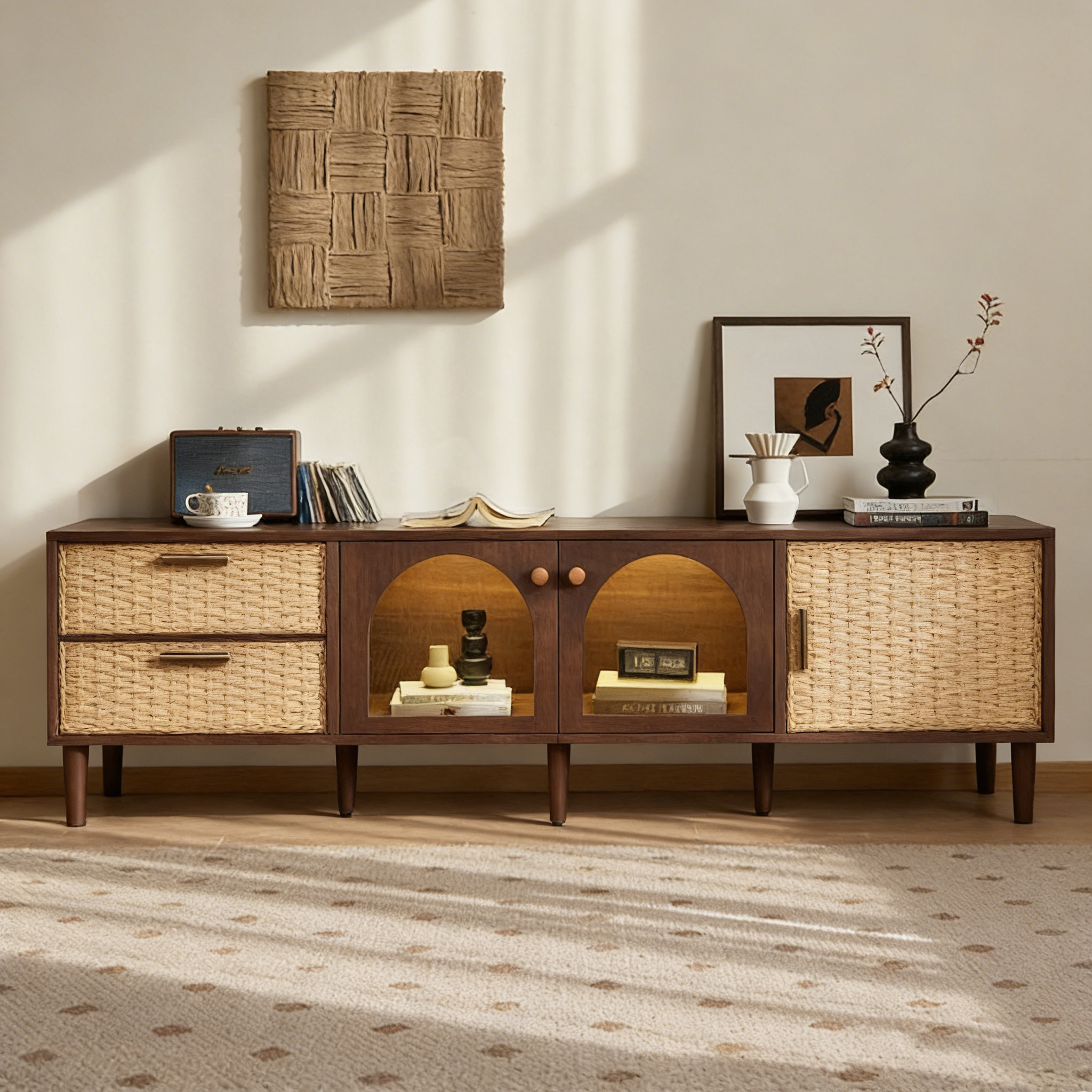 Dark Brown Rattan TV Stand for up to 80" TVs