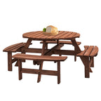 8-Person Outdoor Patio Fir Wood Round Picnic Dining Set with 4 Built-in Benches and Umbrella Hole