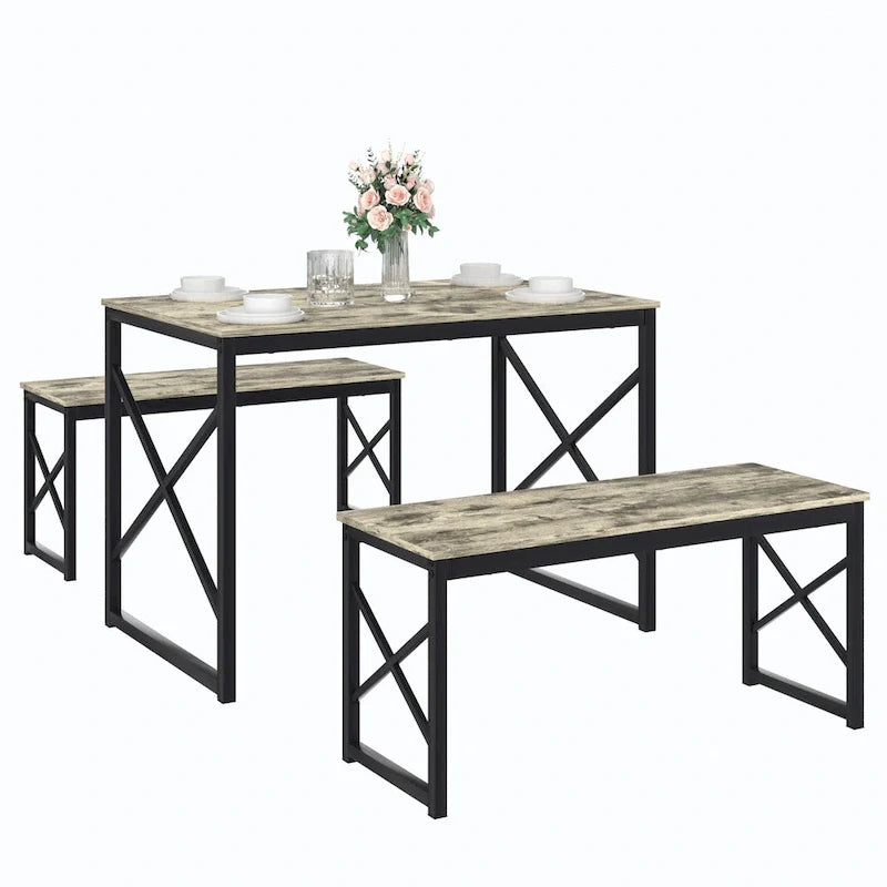 VECELO 3-pieces Dining Table with Bench, Dinning Room Table Set for 4-6, Kitchen Table with 2 Benches Dining Table Set