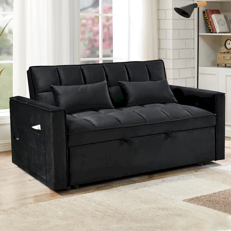 Causeuse de futon moderne en velours avec dossier inclinable et poches, 2 places – Gris foncé / Gris clair / Bleu / Noir