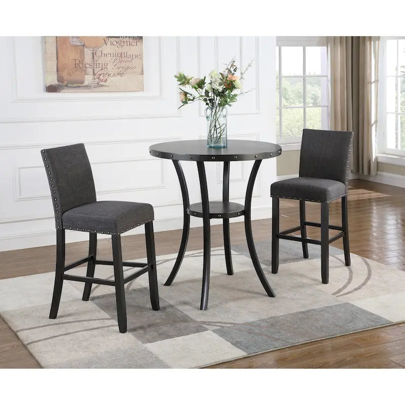 Modern Style 3-Piece Dining Set with Round Bar Table and 2 Nailhead Pub Chairs