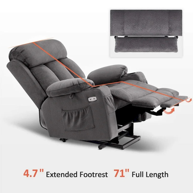 MCombo Large Power Lift Recliner with Extended Footrest for Big and Tall Elderly People, Hand Remote, Cup Holders, Fabric 7426