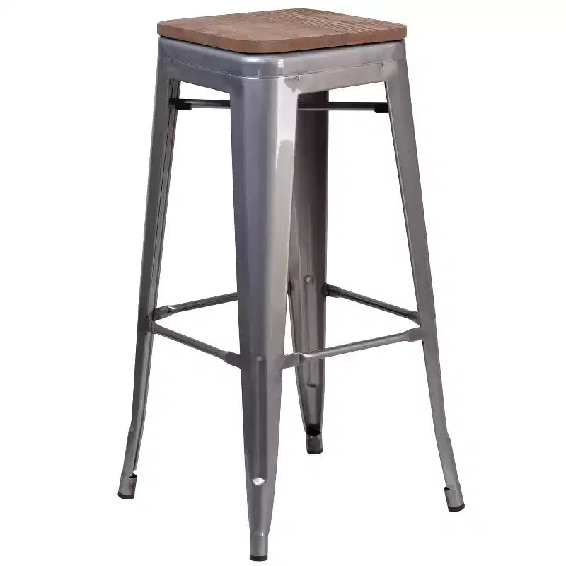Flash Furniture Lincoln 30 High Backless Silver Antique Finish with Clear Coat Metal Barstool with Square Wood Seat