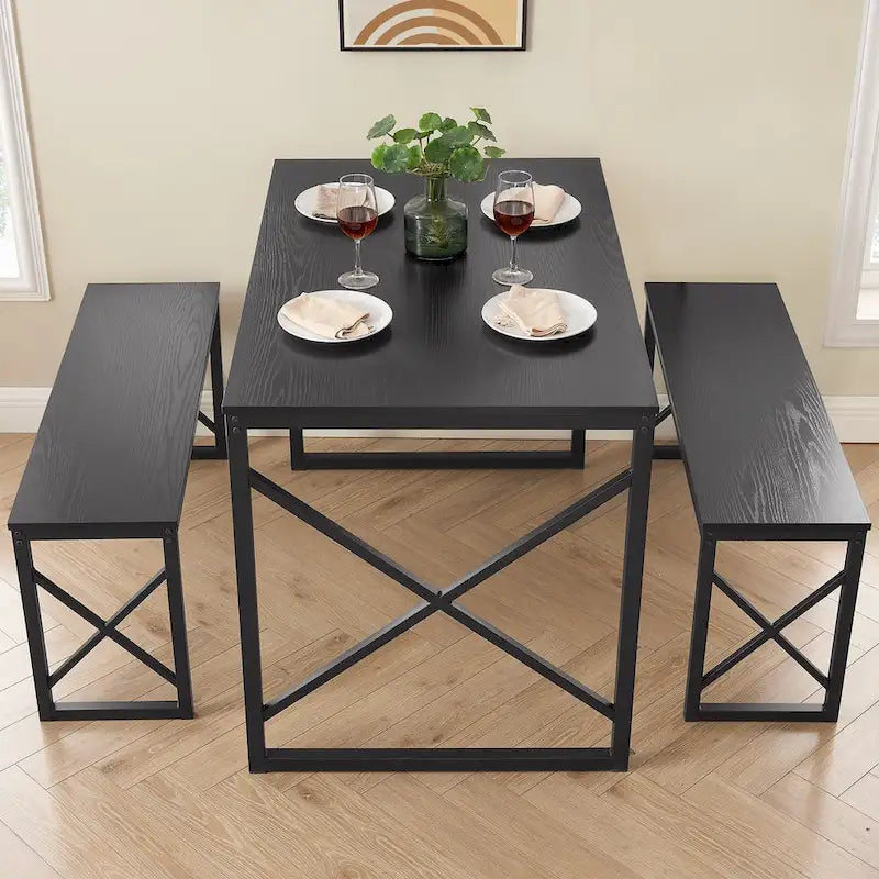 VECELO 3-pieces Dining Table with Bench, Dinning Room Table Set for 4-6, Kitchen Table with 2 Benches Dining Table Set