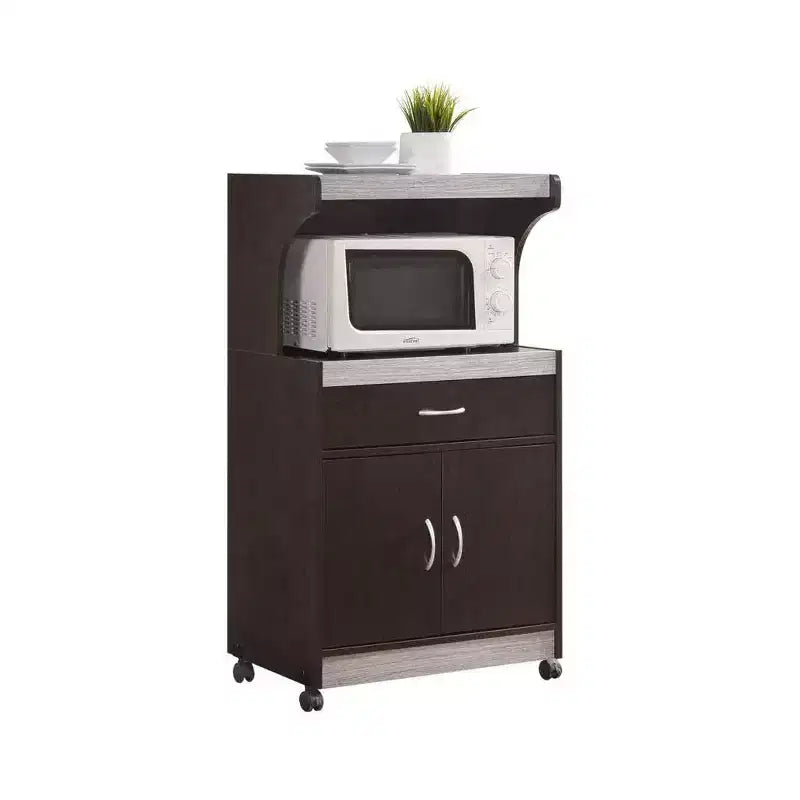 Hodedah Wheeled Kitchen Island Microwave Cart with Pull-Out Drawer and Cabinet Storage, Chocolate Grey