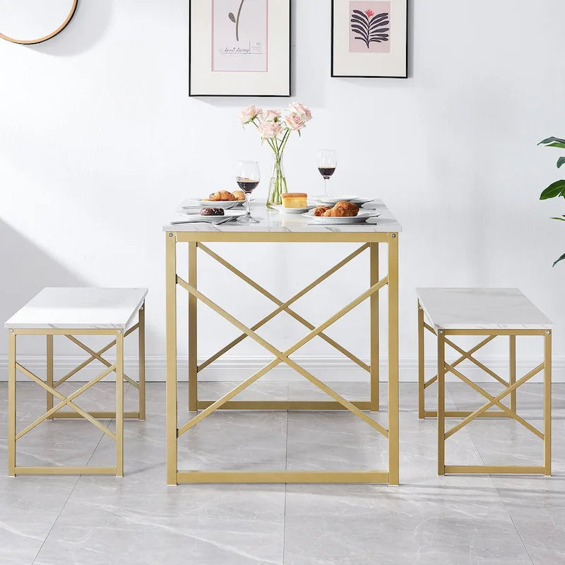 VECELO 3-pieces Dining Table with Bench, Dinning Room Table Set for 4-6, Kitchen Table with 2 Benches Dining Table Set