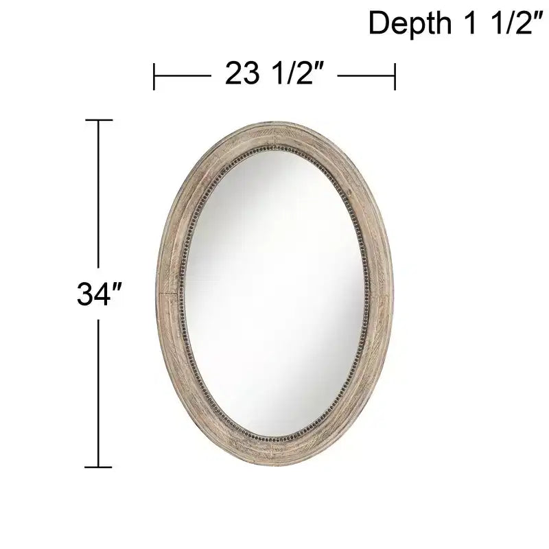 Noble Park Zahra Oval Vanity Decorative Wall Mirror Rustic Farmhouse Beaded Trim Natural Wood Frame 23 1/2 Wide for Bathroom Bedroom Living Room Home
