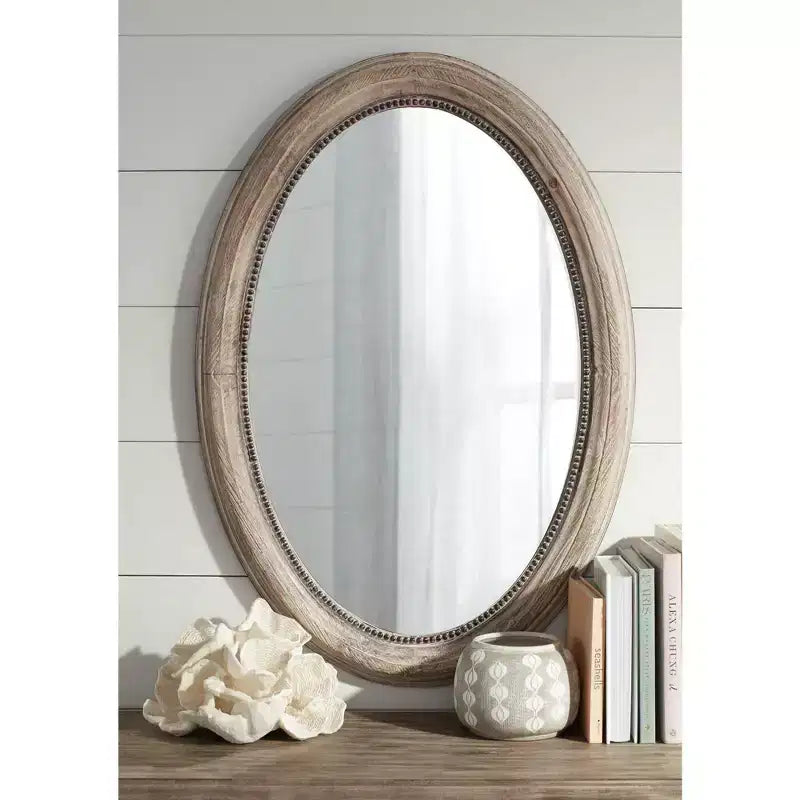 Noble Park Zahra Oval Vanity Decorative Wall Mirror Rustic Farmhouse Beaded Trim Natural Wood Frame 23 1/2 Wide for Bathroom Bedroom Living Room Home