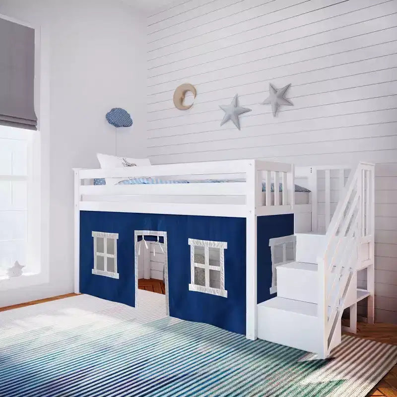 Max & Lily Twin Low Loft with Stairs and Curtains