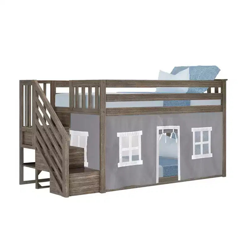 Max & Lily Twin Low Loft with Stairs and Curtains