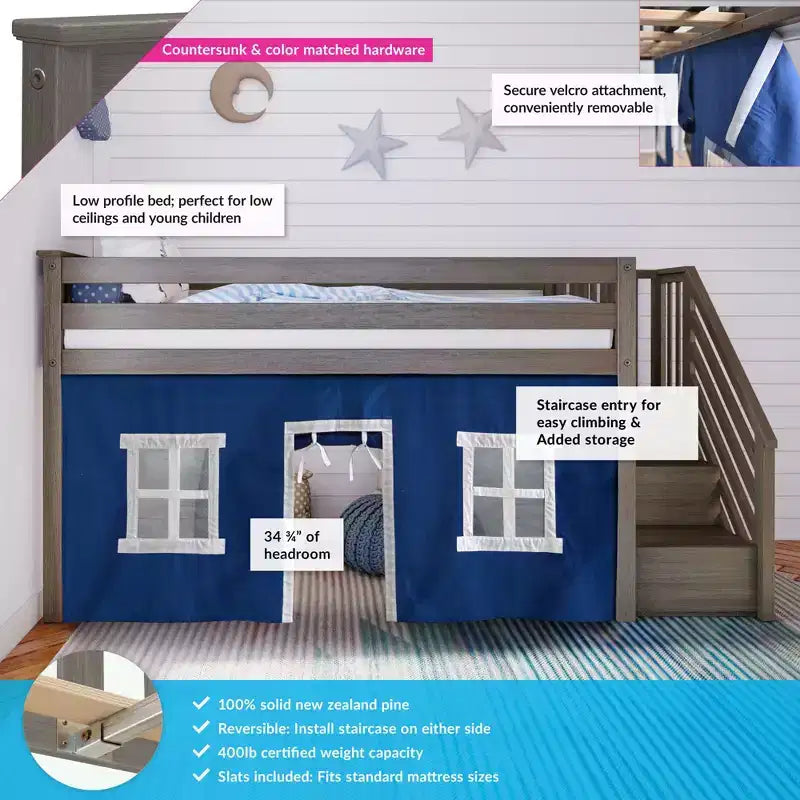 Max & Lily Twin Low Loft with Stairs and Curtains