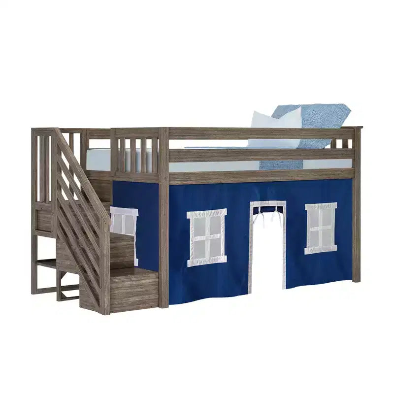 Max & Lily Twin Low Loft with Stairs and Curtains