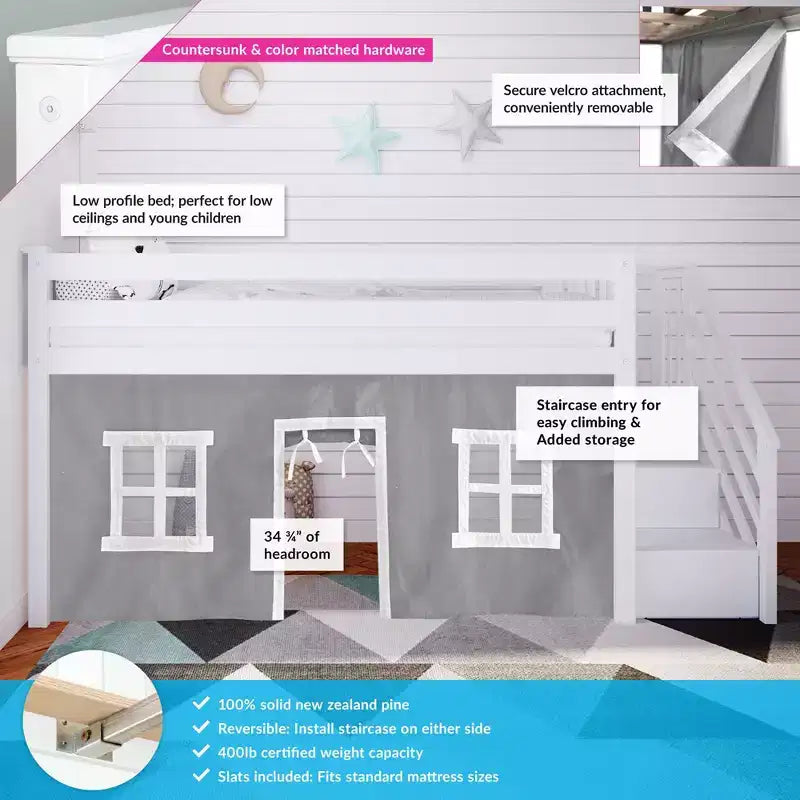 Max & Lily Twin Low Loft with Stairs and Curtains