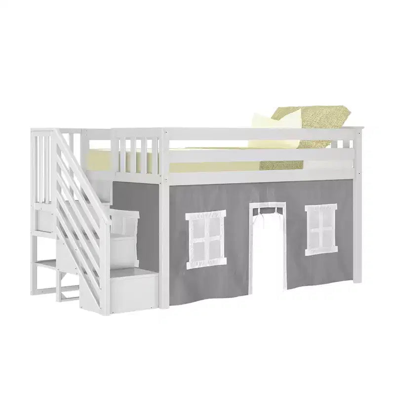 Max & Lily Twin Low Loft with Stairs and Curtains