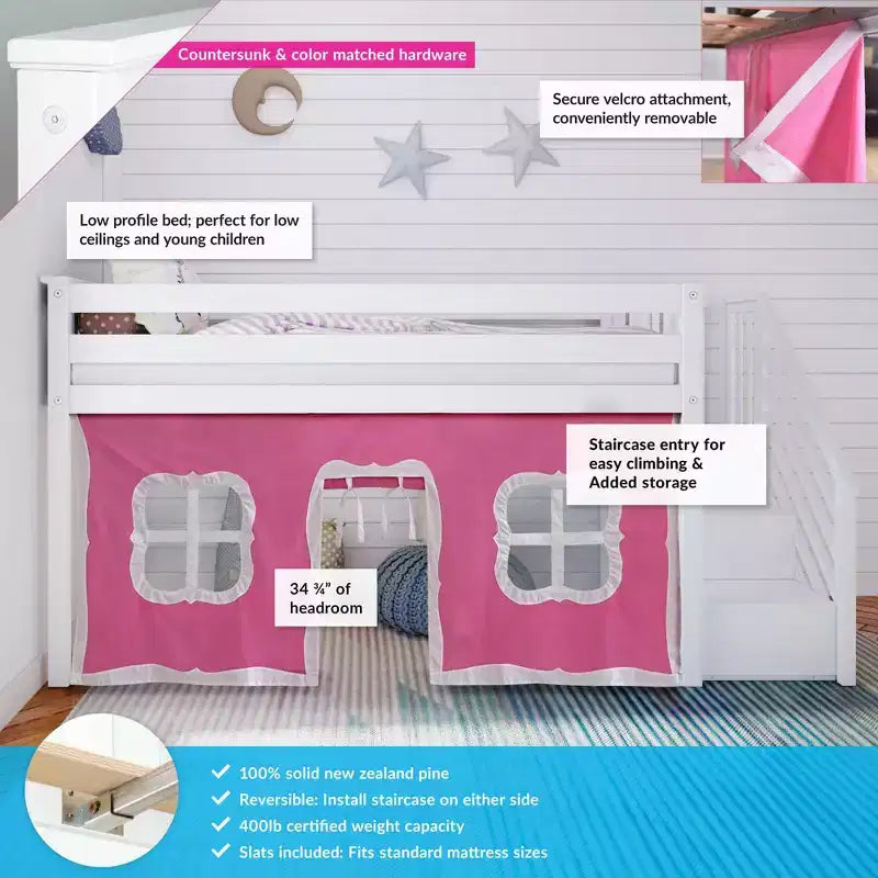 Max & Lily Twin Low Loft with Stairs and Curtains
