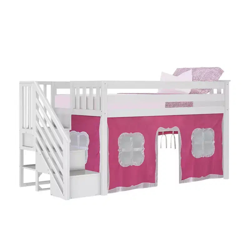 Max & Lily Twin Low Loft with Stairs and Curtains