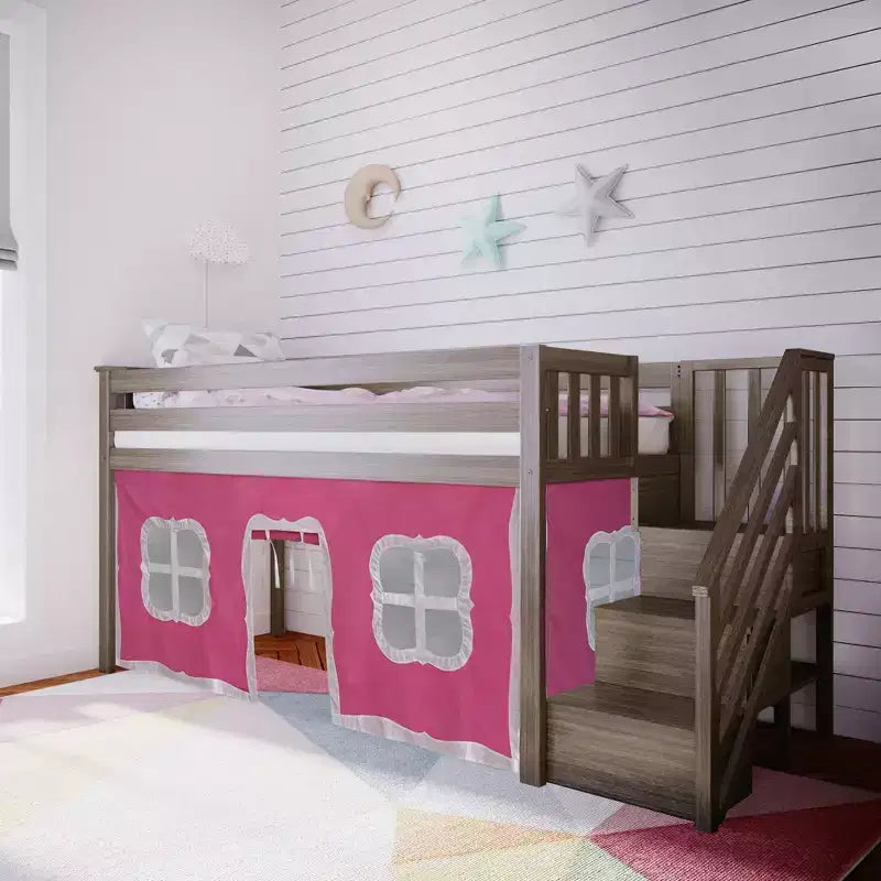 Max & Lily Twin Low Loft with Stairs and Curtains