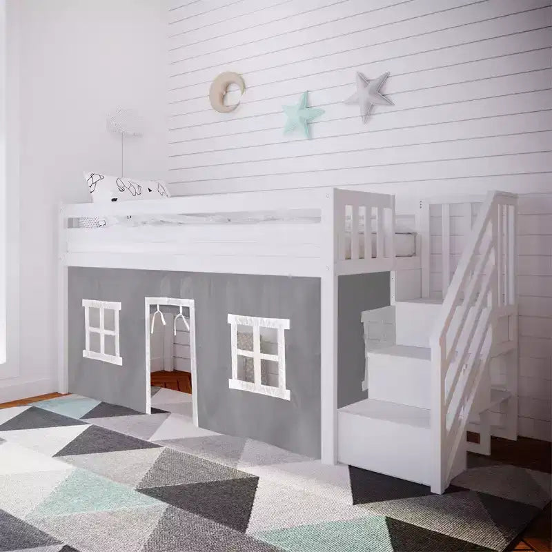 Max & Lily Twin Low Loft with Stairs and Curtains