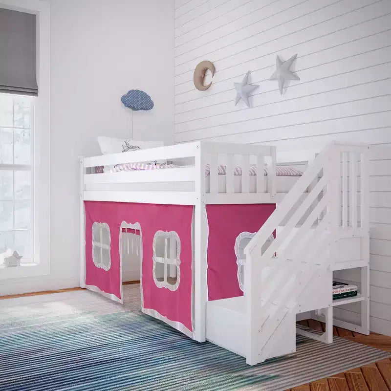 Max & Lily Twin Low Loft with Stairs and Curtains
