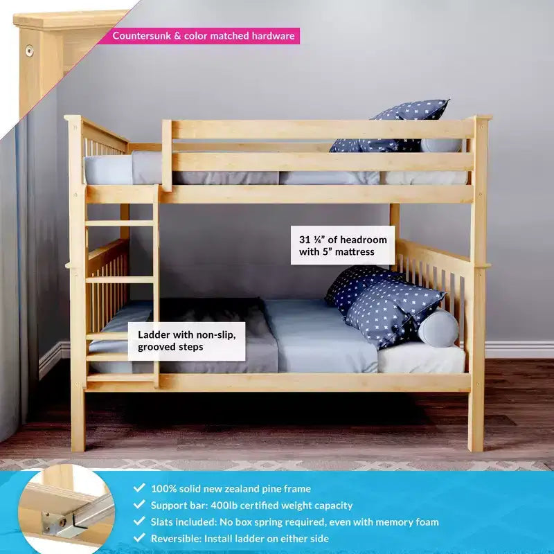 Lit superposé double au-dessus double Max & Lily pour enfants, lit plateforme en bois massif, sommier tapissier non requis