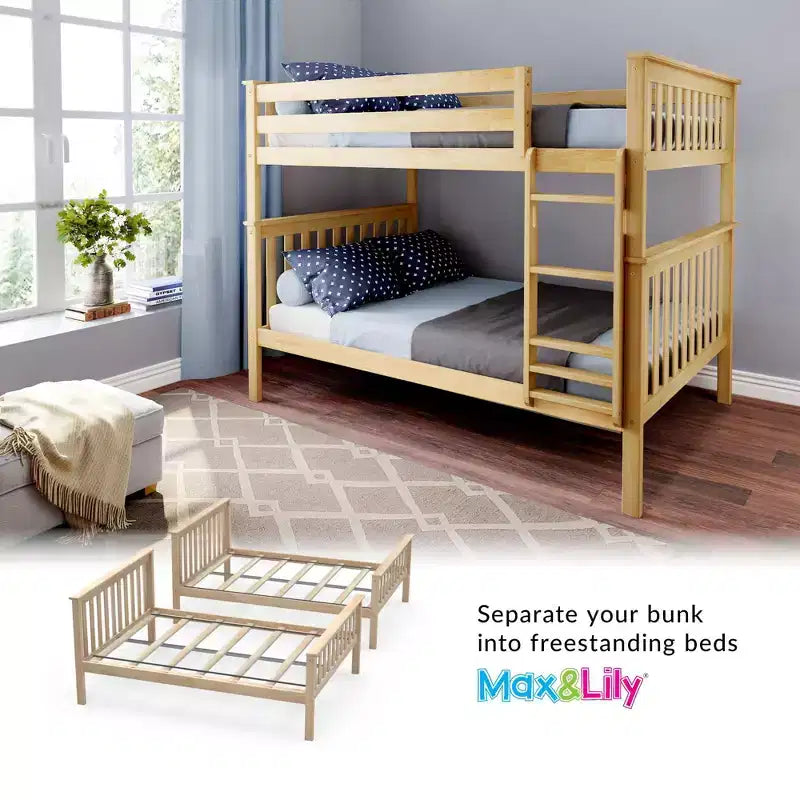 Lit superposé double au-dessus double Max & Lily pour enfants, lit plateforme en bois massif, sommier tapissier non requis