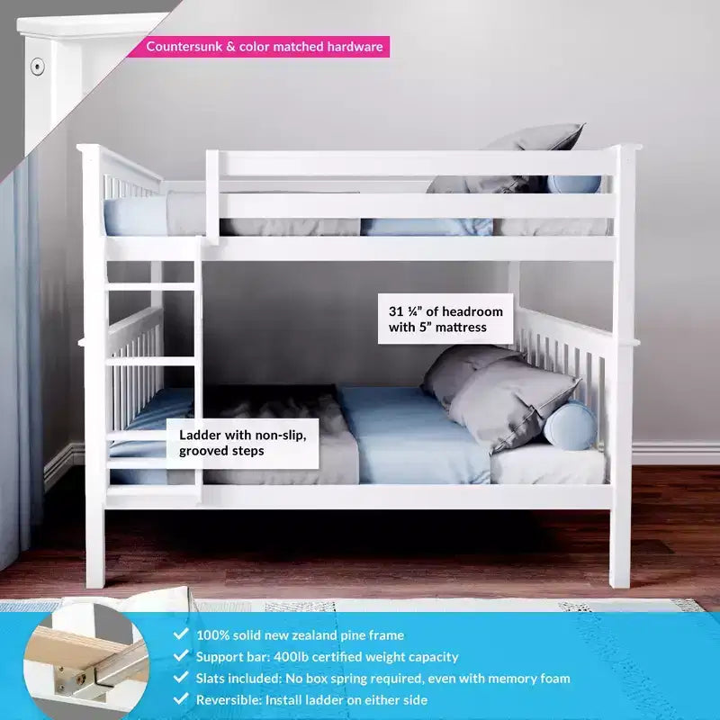 Lit superposé double au-dessus double Max & Lily pour enfants, lit plateforme en bois massif, sommier tapissier non requis