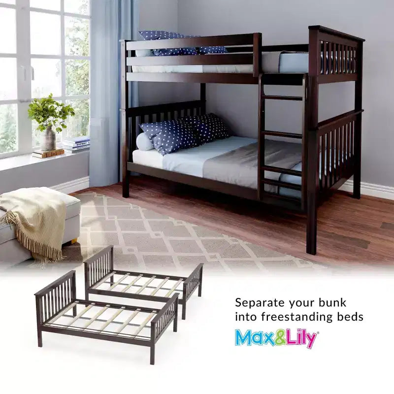 Lit superposé double au-dessus double Max & Lily pour enfants, lit plateforme en bois massif, sommier tapissier non requis