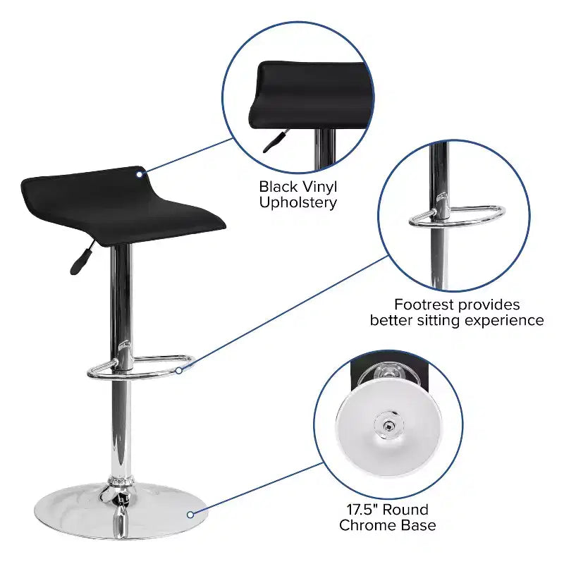 Tabouret de bar contemporain Flash Furniture réglable en hauteur en vinyle avec siège vague solide et base chromée