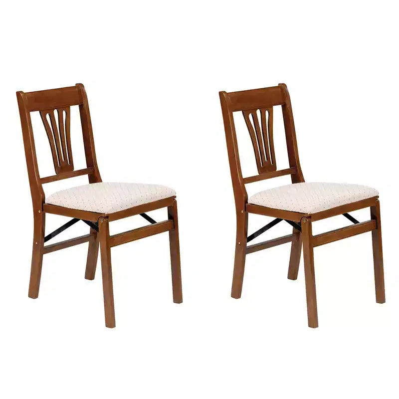 MECO Stakmore Urn Premium Solid Wood Dining Table Folding Chair Set with Fabric Padded Upholstered Seat, Fruitwood/Blush (2 Pack)