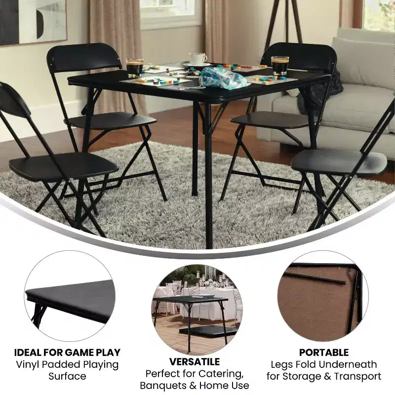 Emma et Oliver Table Pliante Noire avec Dessus de Table en Vinyle – Table de Jeu – Table Portable
