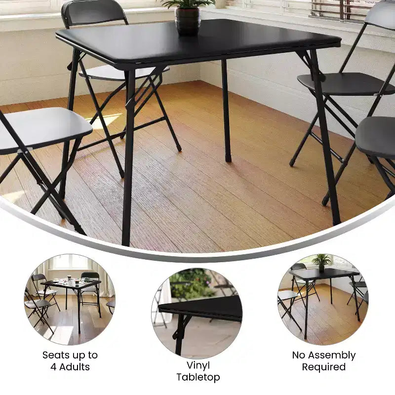 Emma et Oliver Table Pliante Noire avec Dessus de Table en Vinyle – Table de Jeu – Table Portable