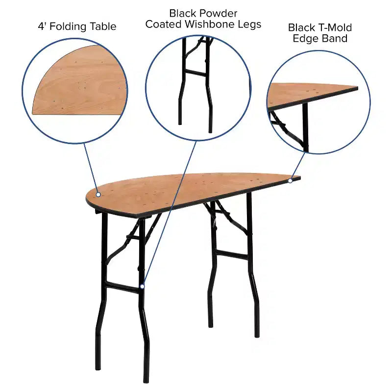 Emma and Oliver 4-Foot Half-Round Wood Folding Banquet Table - Event & Catering Table