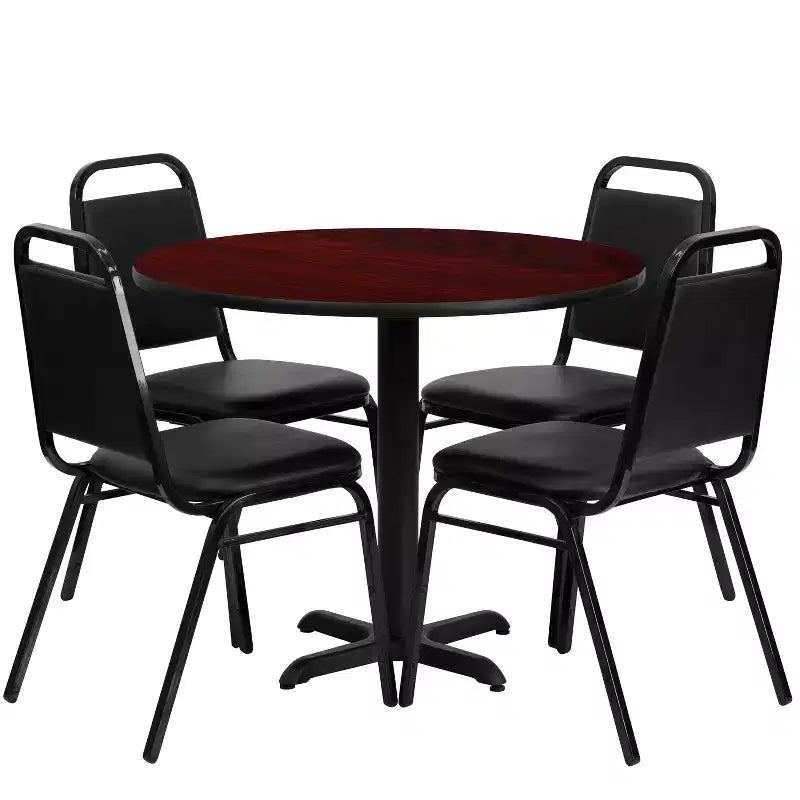 Emma and Oliver 36 Round Laminate X-Base Table Set with 4 Banquet Chairs