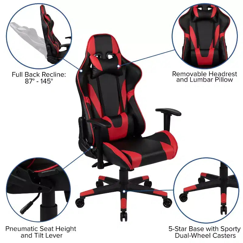 Chaise de jeu ergonomique Emma et Oliver Racing avec dossier entièrement inclinable en cuir synthétique rouge