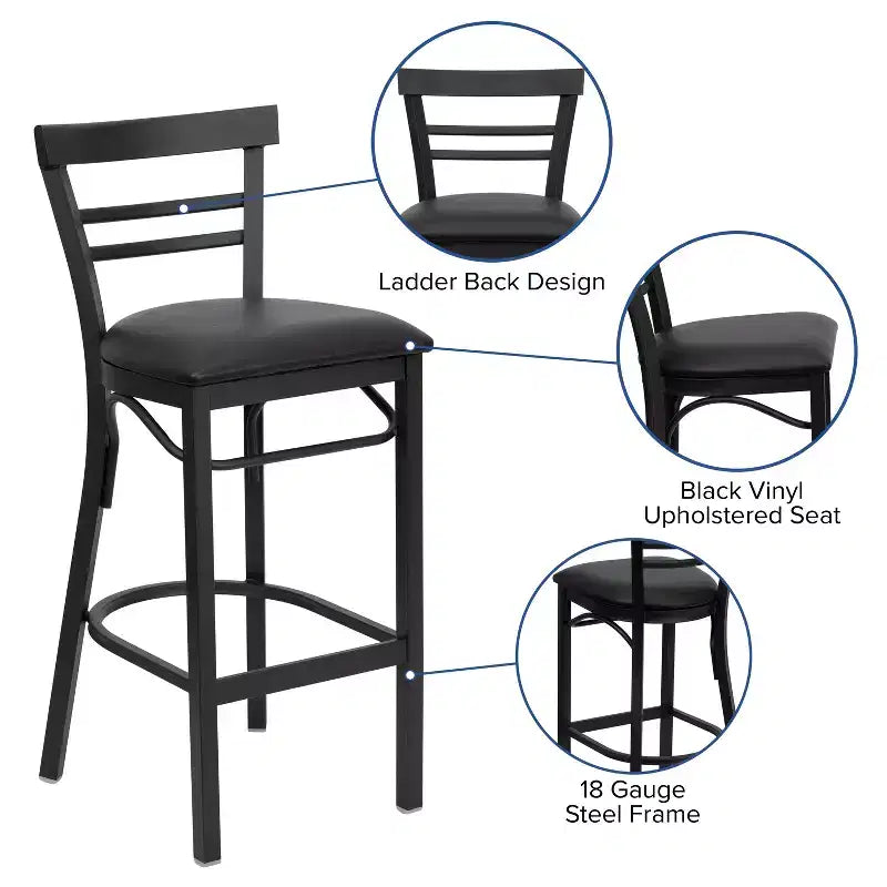Emma and Oliver Two-Slat Ladder Back Black Metal Restaurant Dining Barstool