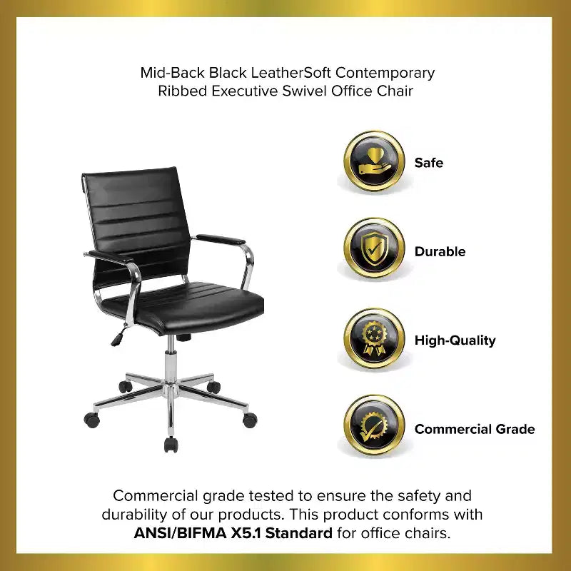 Emma and Oliver Mid-Back LeatherSoft Ribbed Executive Swivel Office Chair - Desk Chair