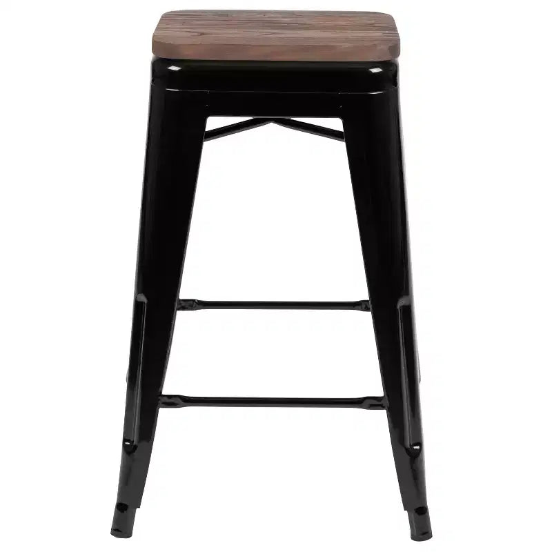 Emma et Oliver Tabouret de bar d'intérieur en métal de 24 po avec siège en bois – Ensemble empilable de 4