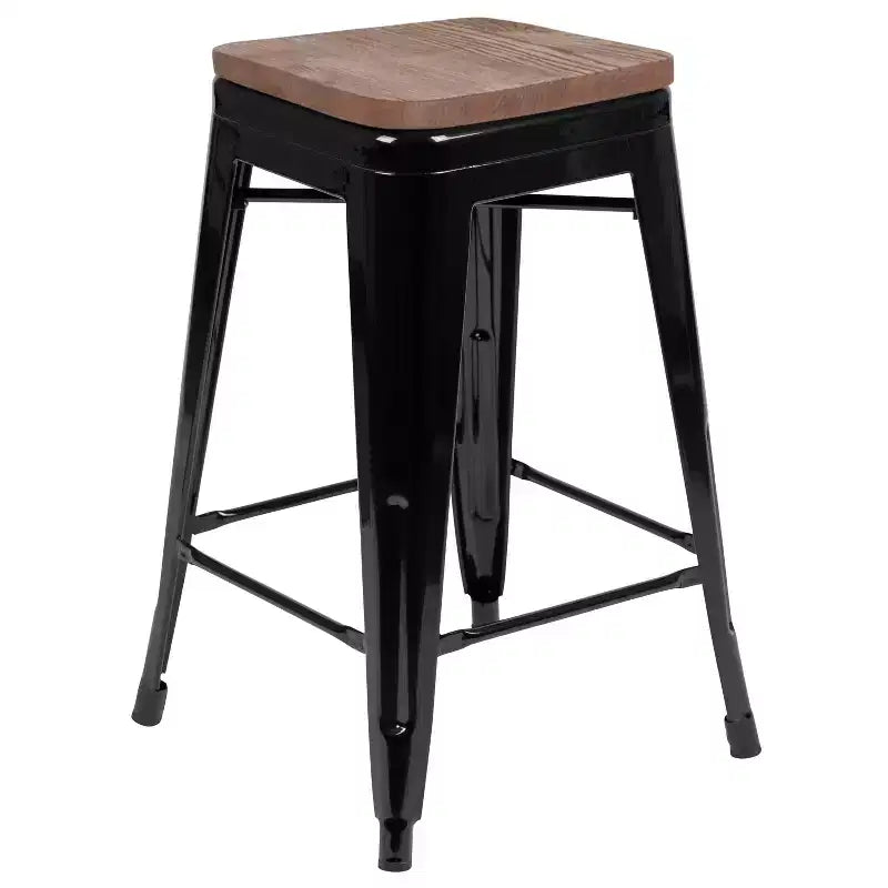 Emma et Oliver Tabouret de bar d'intérieur en métal de 24 po avec siège en bois – Ensemble empilable de 4
