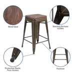 Emma et Oliver Tabouret de bar d'intérieur en métal de 24 po avec siège en bois – Ensemble empilable de 4