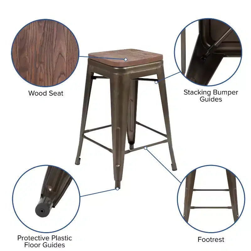 Emma et Oliver Tabouret de bar d'intérieur en métal de 24 po avec siège en bois – Ensemble empilable de 4