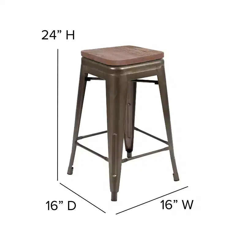 Emma et Oliver Tabouret de bar d'intérieur en métal de 24 po avec siège en bois – Ensemble empilable de 4