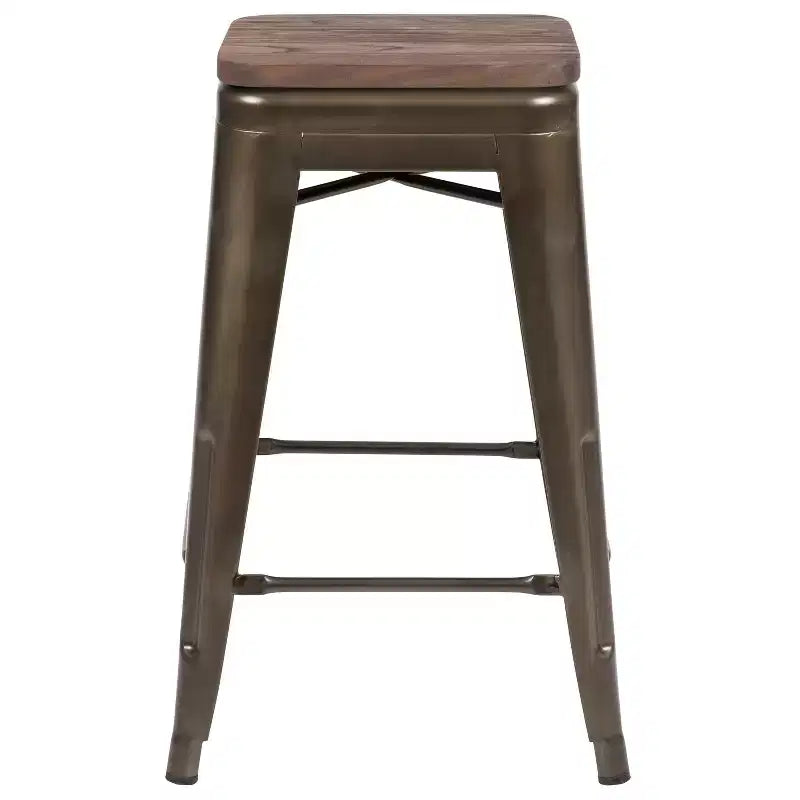 Emma et Oliver Tabouret de bar d'intérieur en métal de 24 po avec siège en bois – Ensemble empilable de 4