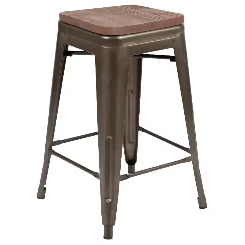 Emma et Oliver Tabouret de bar d'intérieur en métal de 24 po avec siège en bois – Ensemble empilable de 4