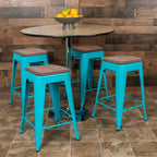 Emma et Oliver Tabouret de bar d'intérieur en métal de 24 po avec siège en bois – Ensemble empilable de 4