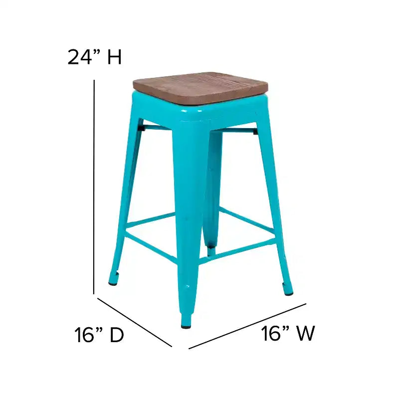 Emma et Oliver Tabouret de bar d'intérieur en métal de 24 po avec siège en bois – Ensemble empilable de 4