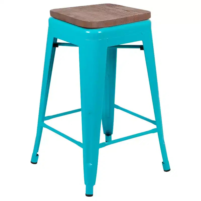 Emma et Oliver Tabouret de bar d'intérieur en métal de 24 po avec siège en bois – Ensemble empilable de 4