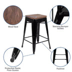 Emma et Oliver Tabouret de bar d'intérieur en métal de 24 po avec siège en bois – Ensemble empilable de 4