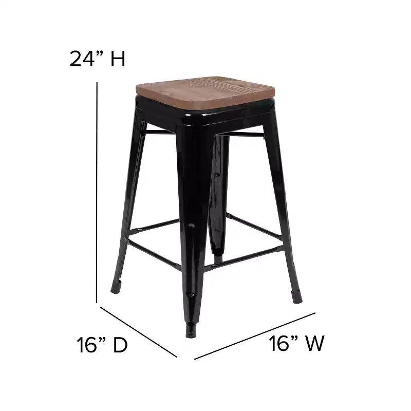 Emma et Oliver Tabouret de bar d'intérieur en métal de 24 po avec siège en bois – Ensemble empilable de 4
